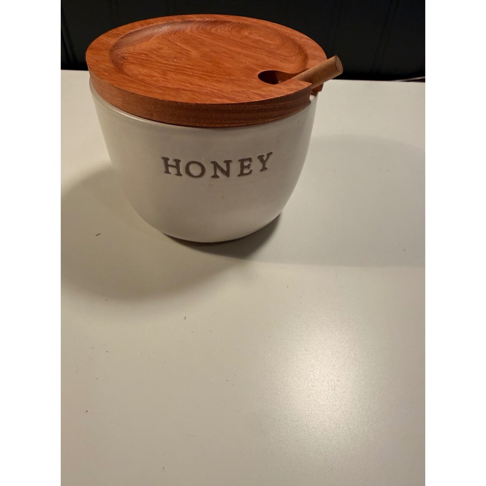 Hearth & Hand with Magnolia Stoneware Honey Pot with Wood Lid and Dipper Cream